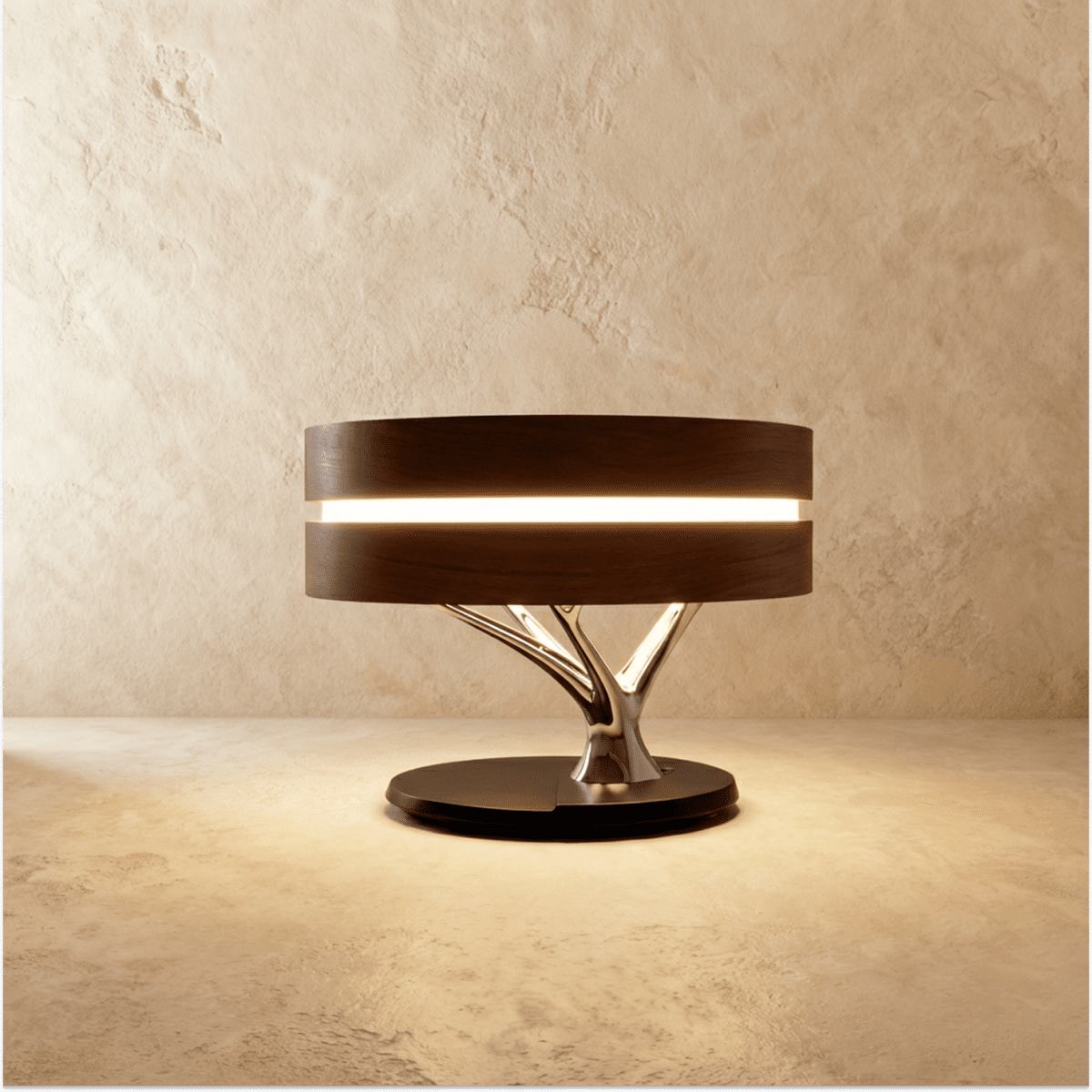 Clérachic drum table lamp with a dark wood shade, glowing band and chrome branch stem on a black base, on limewash.