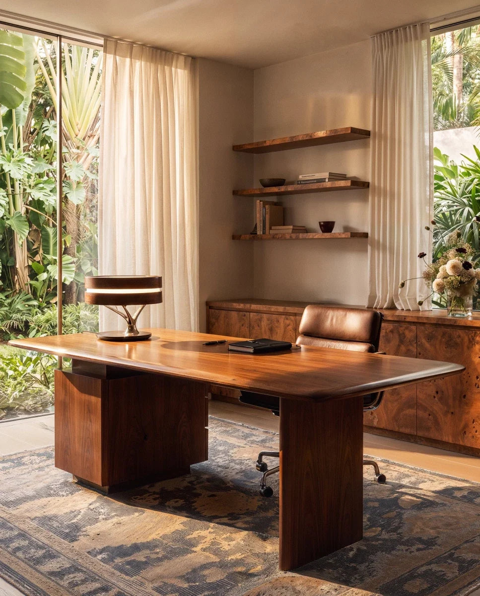 Clérachic wood-shade table lamp on a walnut desk in a bright study with sheer curtains, shelves and leafy views.
