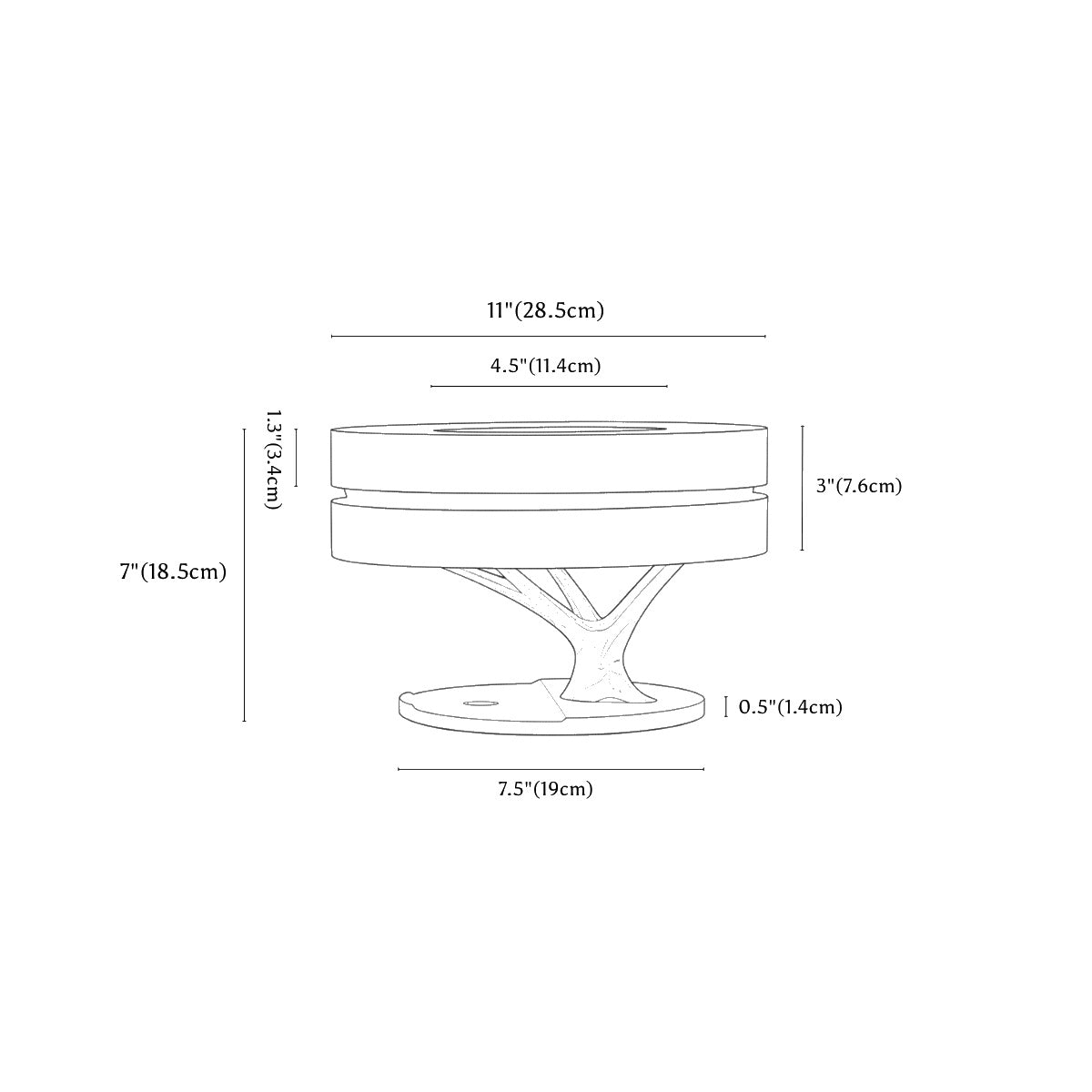 Clérachic table lamp dimension drawing, 28.5 × 18.5 cm, every measurement marked in centimetres and inches.