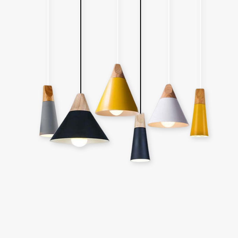 All six Clérachic cone pendant colors are grouped on white, shown in both the slim and wide shade shapes.