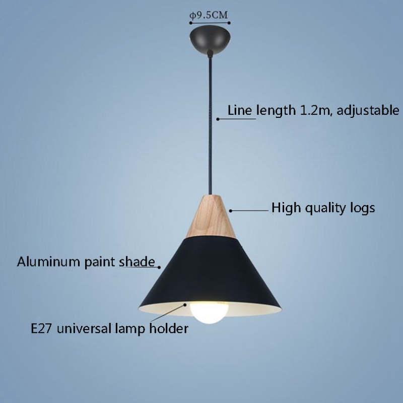 Labelled diagram of the black Clérachic cone pendant: 9.5 cm canopy, an adjustable 1.2 m cord, aluminum shade, and E27 holder.