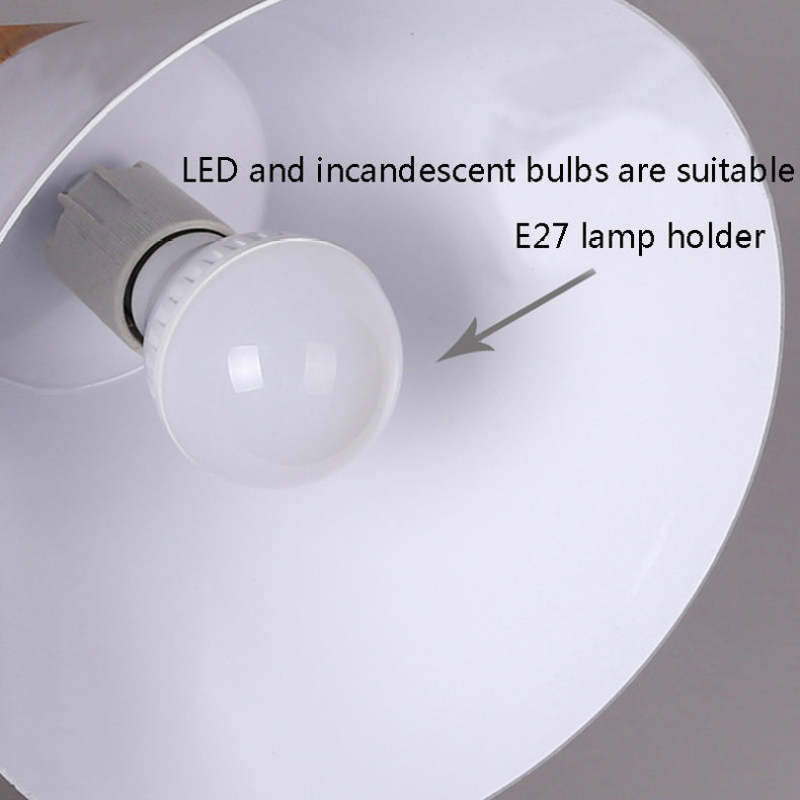 Close-up callout inside the Clérachic cone pendant's shade, showing the E27 holder fitted with a screw-in bulb.