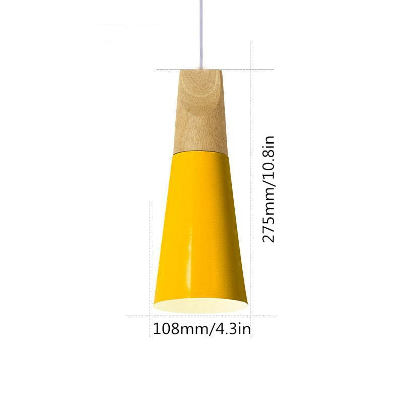 Size drawing of the slim yellow Clérachic cone pendant, 275 mm (10.8″) tall and 108 mm (4.3″) wide.