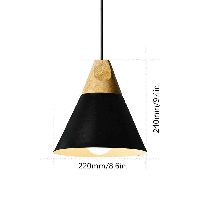 Size drawing of the wide black Clérachic cone pendant, 240 mm (9.4″) tall and 220 mm (8.6″) wide.