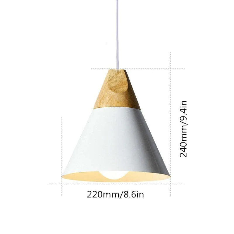 Size drawing of the wide white Clérachic cone pendant, 240 mm (9.4″) tall and 220 mm (8.6″) wide.