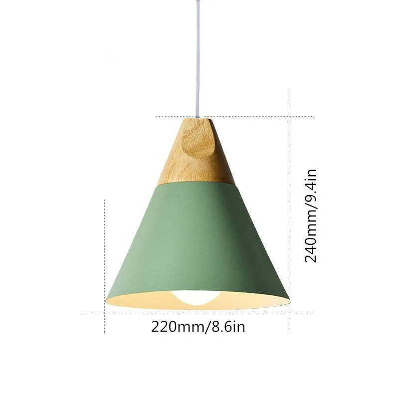 Size drawing of the wide green Clérachic cone pendant, 240 mm (9.4″) tall and 220 mm (8.6″) wide.