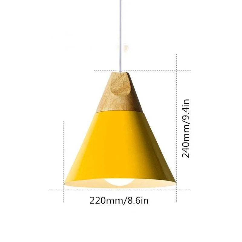 Size drawing of the wide yellow Clérachic cone pendant, 240 mm (9.4″) tall and 220 mm (8.6″) wide.