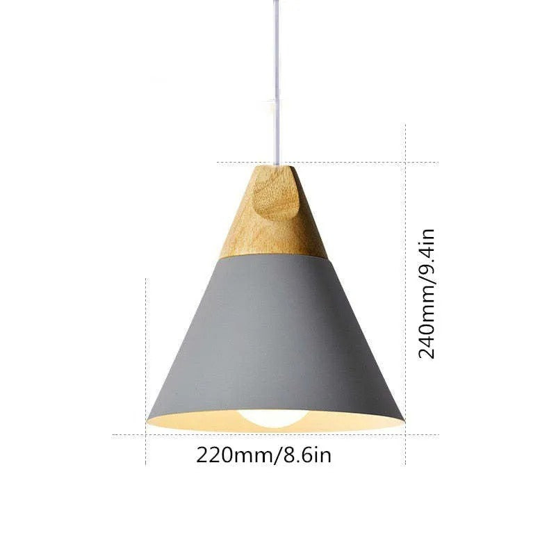 Size drawing of the wide grey Clérachic cone pendant, 240 mm (9.4″) tall and 220 mm (8.6″) wide.
