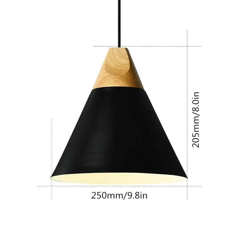 Size drawing of the widest black Clérachic cone pendant, 205 mm (8.0″) tall and 250 mm (9.8″) wide.
