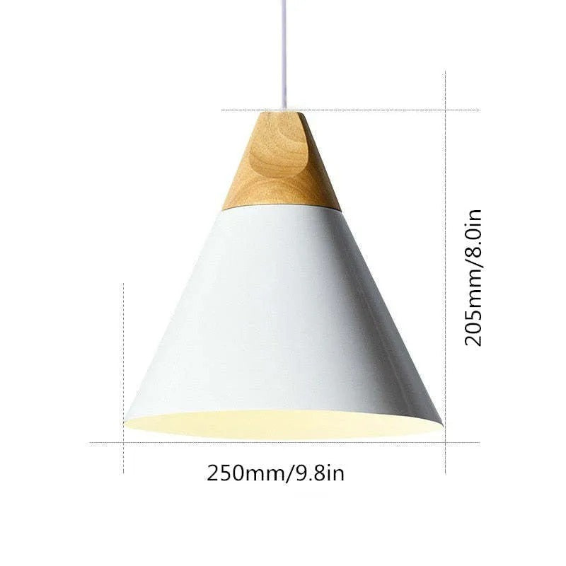 Size drawing of the widest white Clérachic cone pendant, 205 mm (8.0″) tall and 250 mm (9.8″) wide.