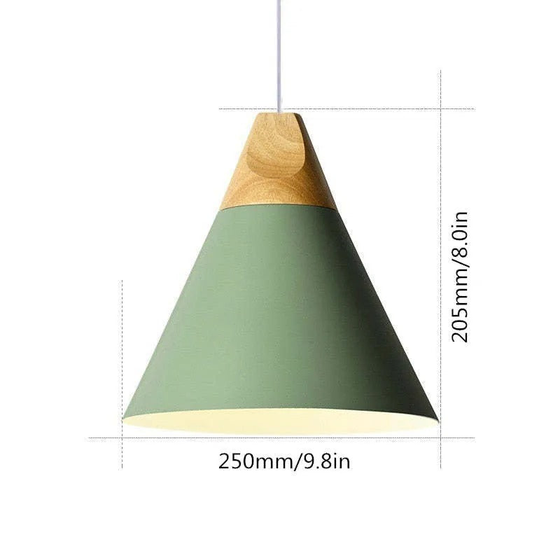 Size drawing of the widest green Clérachic cone pendant, 205 mm (8.0″) tall and 250 mm (9.8″) wide.