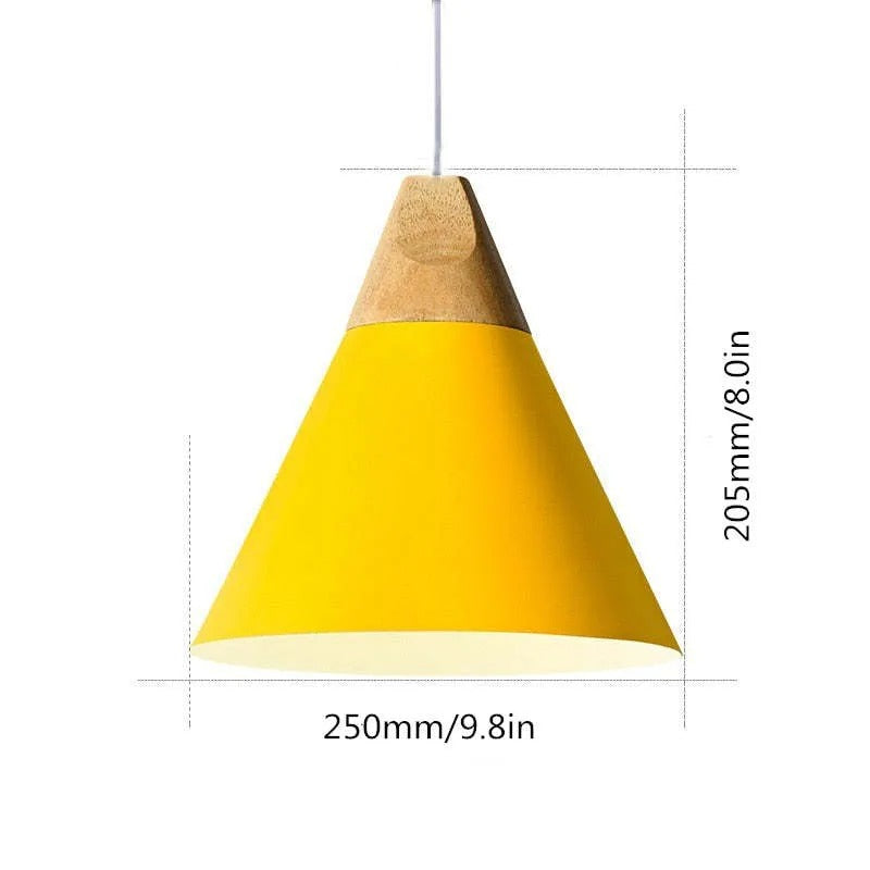 Size drawing of the widest yellow Clérachic cone pendant, 205 mm (8.0″) tall and 250 mm (9.8″) wide.