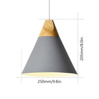 Size drawing of the widest grey Clérachic cone pendant, 205 mm (8.0″) tall and 250 mm (9.8″) wide.