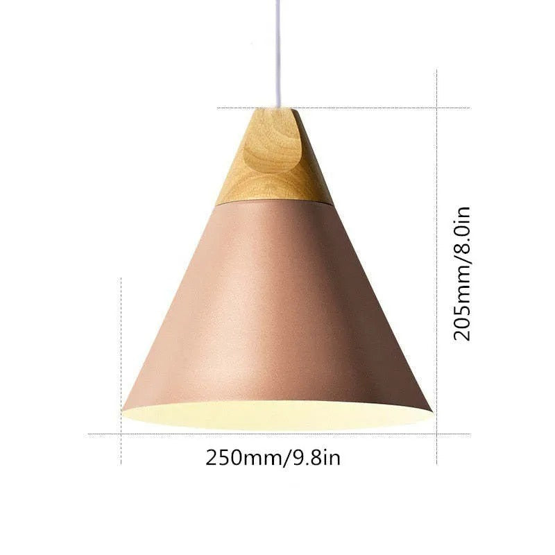 Size drawing of the widest pink Clérachic cone pendant, 205 mm (8.0″) tall and 250 mm (9.8″) wide.