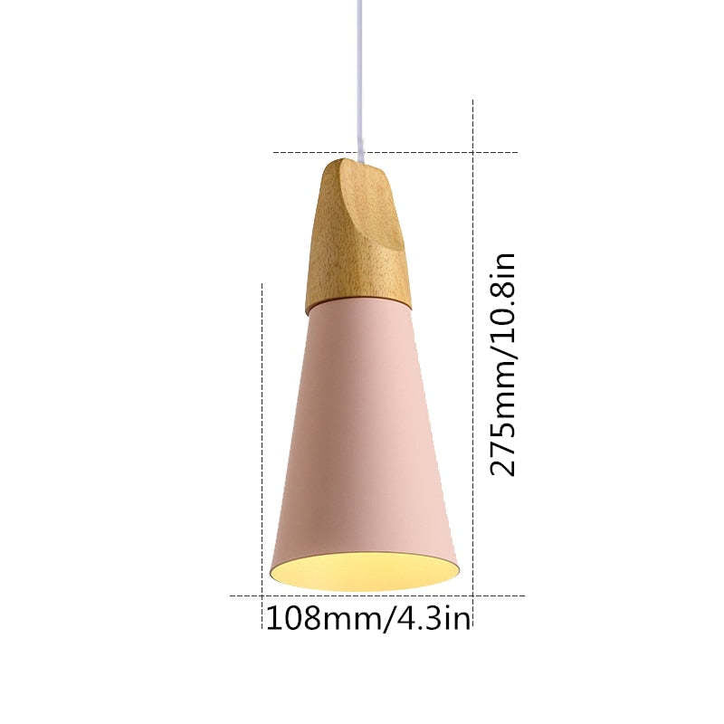 Size drawing of the slim pink Clérachic cone pendant, 275 mm (10.8″) tall and 108 mm (4.3″) wide.