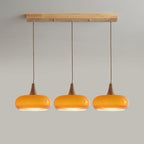 Clérachic Wood-Top Glass Pendant Light in three-head amber, a straight-on view showing the full drop of each braided cord.