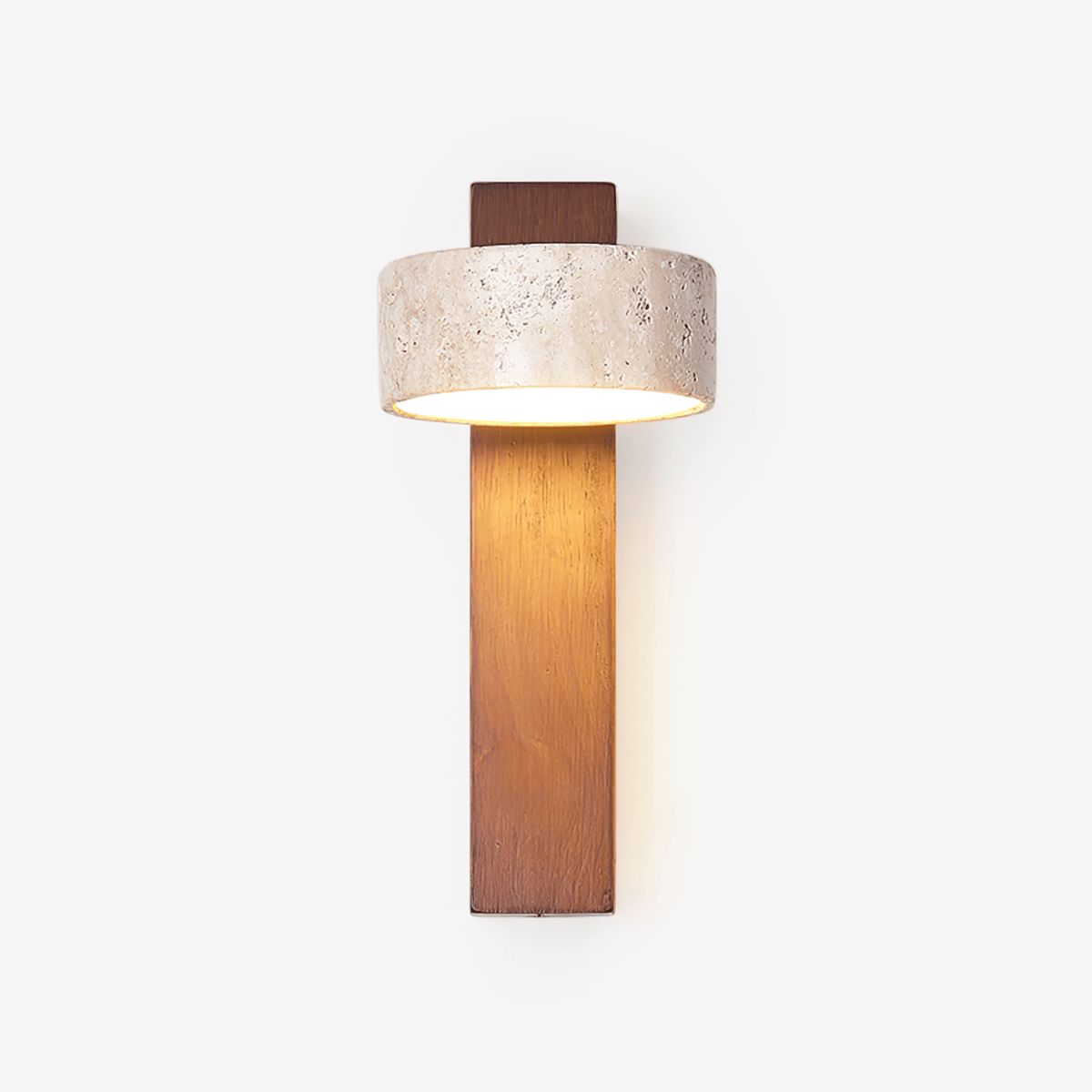 This Clérachic wall light on a plain white backdrop, with a walnut-coloured wood back bar and a round travertine head glowing underneath.