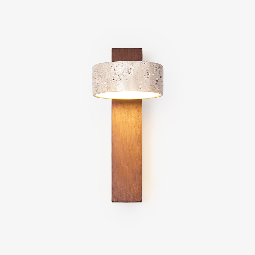 Front view of this Clérachic wall light on white, with a walnut-coloured bar and a travertine head with a lit underside.
