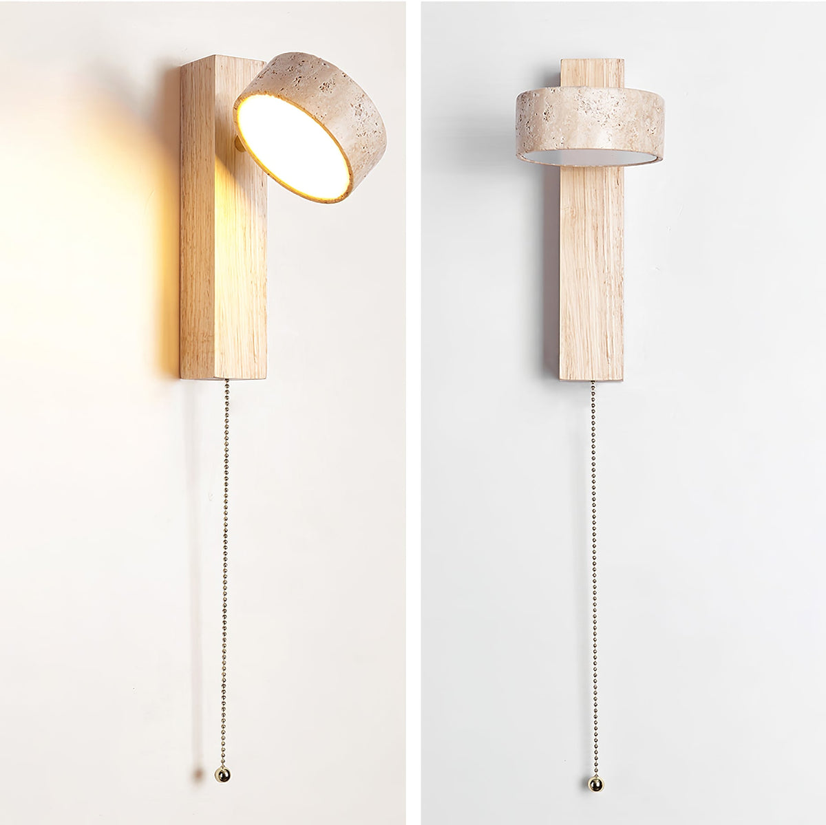 Two views of a Clérachic wall light in pale wood with a pull cord, one with its travertine head tilted up and lit, one with it turned flat.