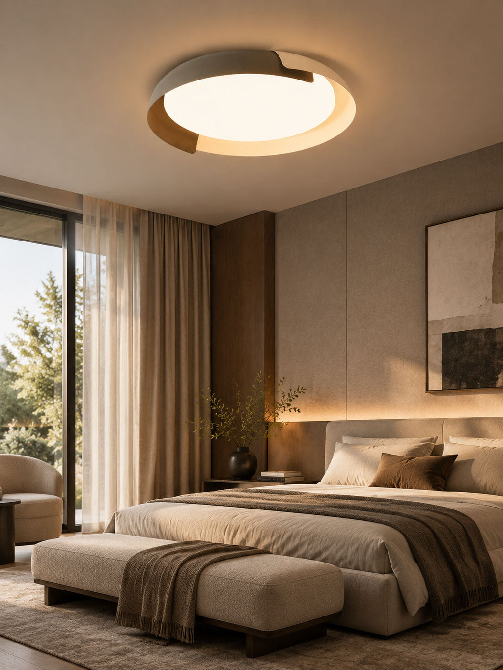 A light wood and white Clérachic ceiling light glows above a bed with taupe throws, in a warm room with tall curtains.