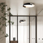 A black and dark wood Clérachic ceiling light lit above a hallway with a glass door, an olive branch and a second light beyond.