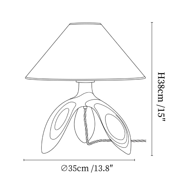 Clérachic table lamp dimension drawing, every measurement marked in centimetres and inches.
