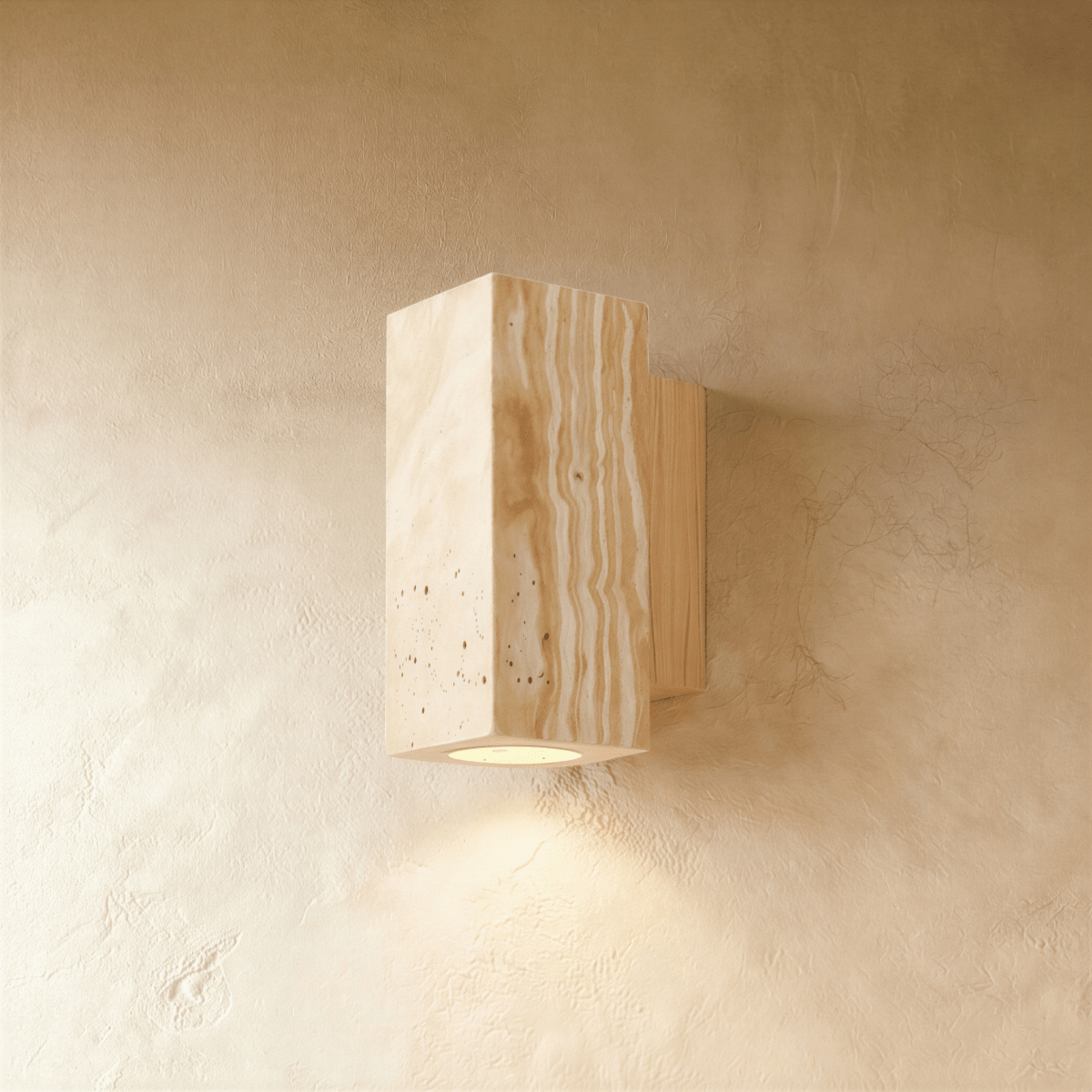 Clérachic wall lamp in rectangular pitted stone with a pale wood mounting base, uplight glowing below.