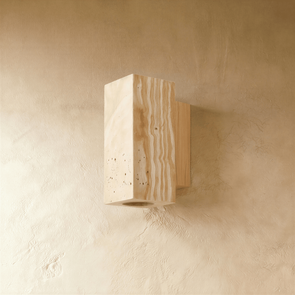 A front angle of the Clérachic wall lamp's rectangular stone body against a plastered wall.