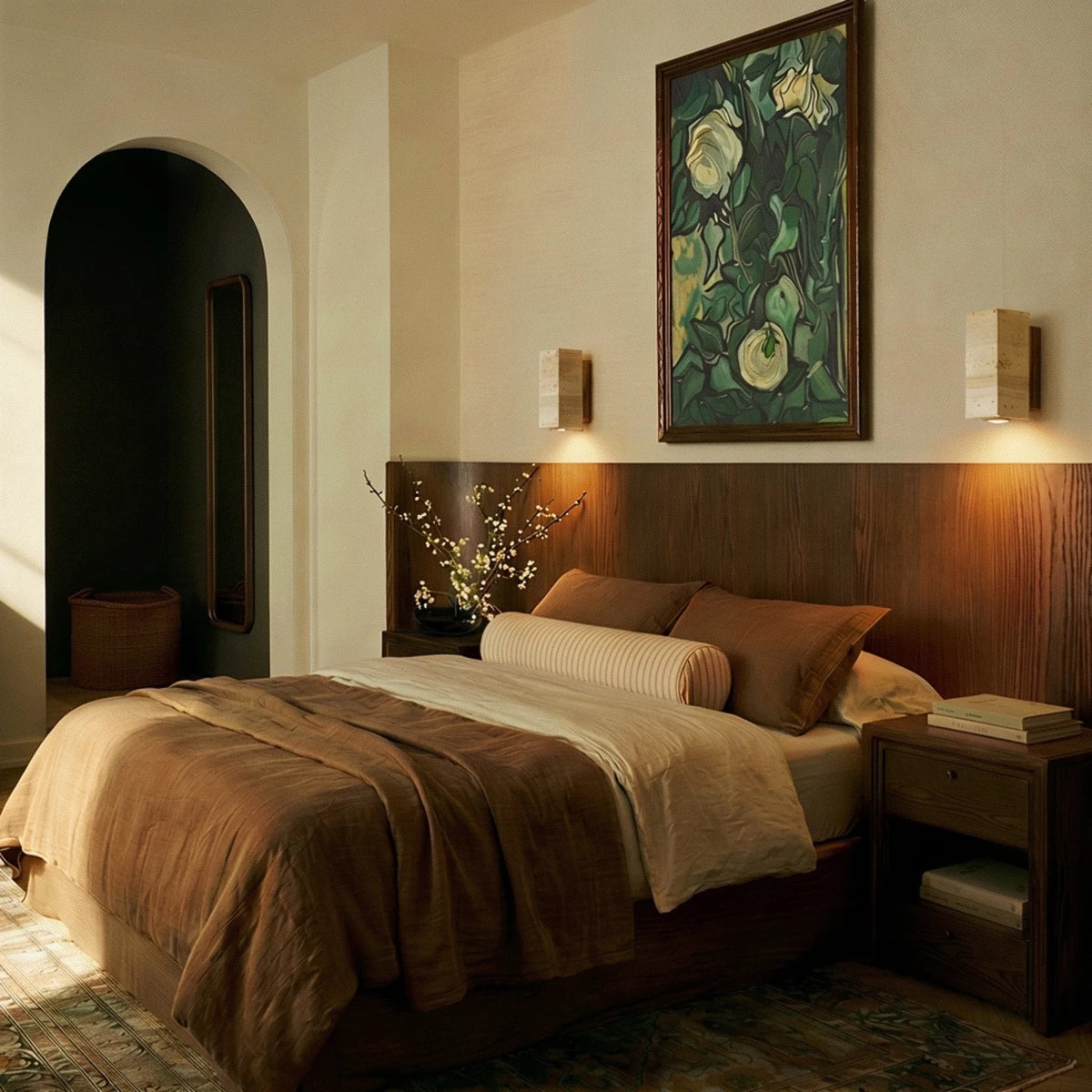 Two Clérachic wall lamps flank a dark wood headboard, lighting a warm-toned bedroom at dusk.