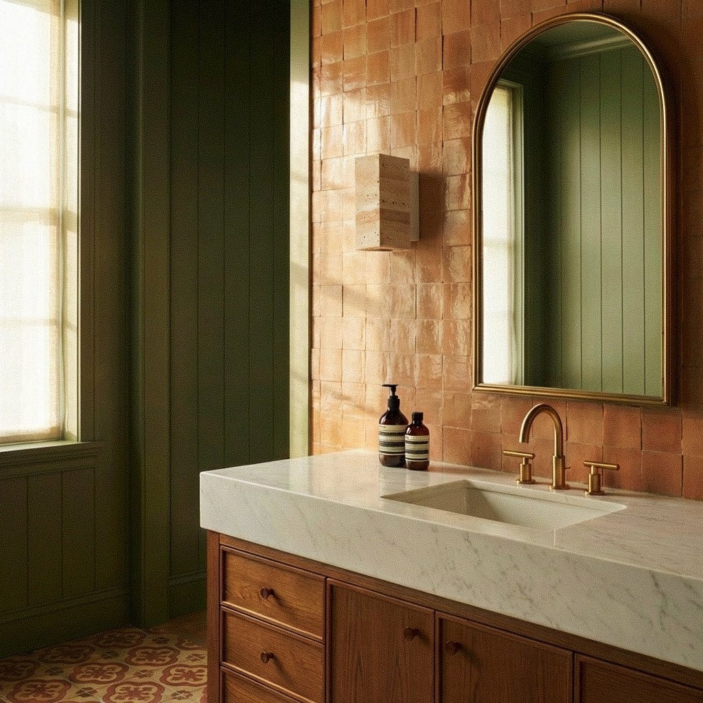 A Clérachic wall lamp mounted on terracotta tile beside an arched mirror in a sunlit bathroom.