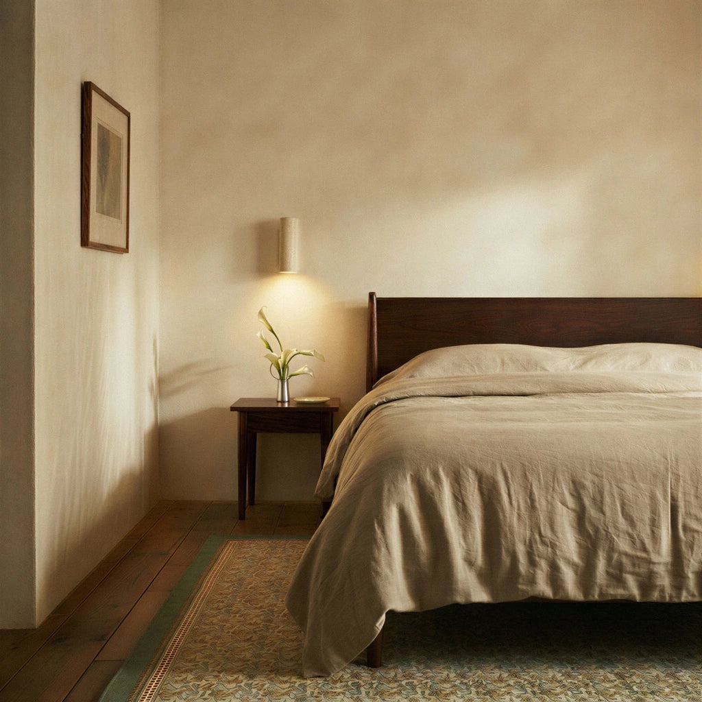 A Clérachic wall lamp lights a bedside corner above a dark wood nightstand with fresh flowers.