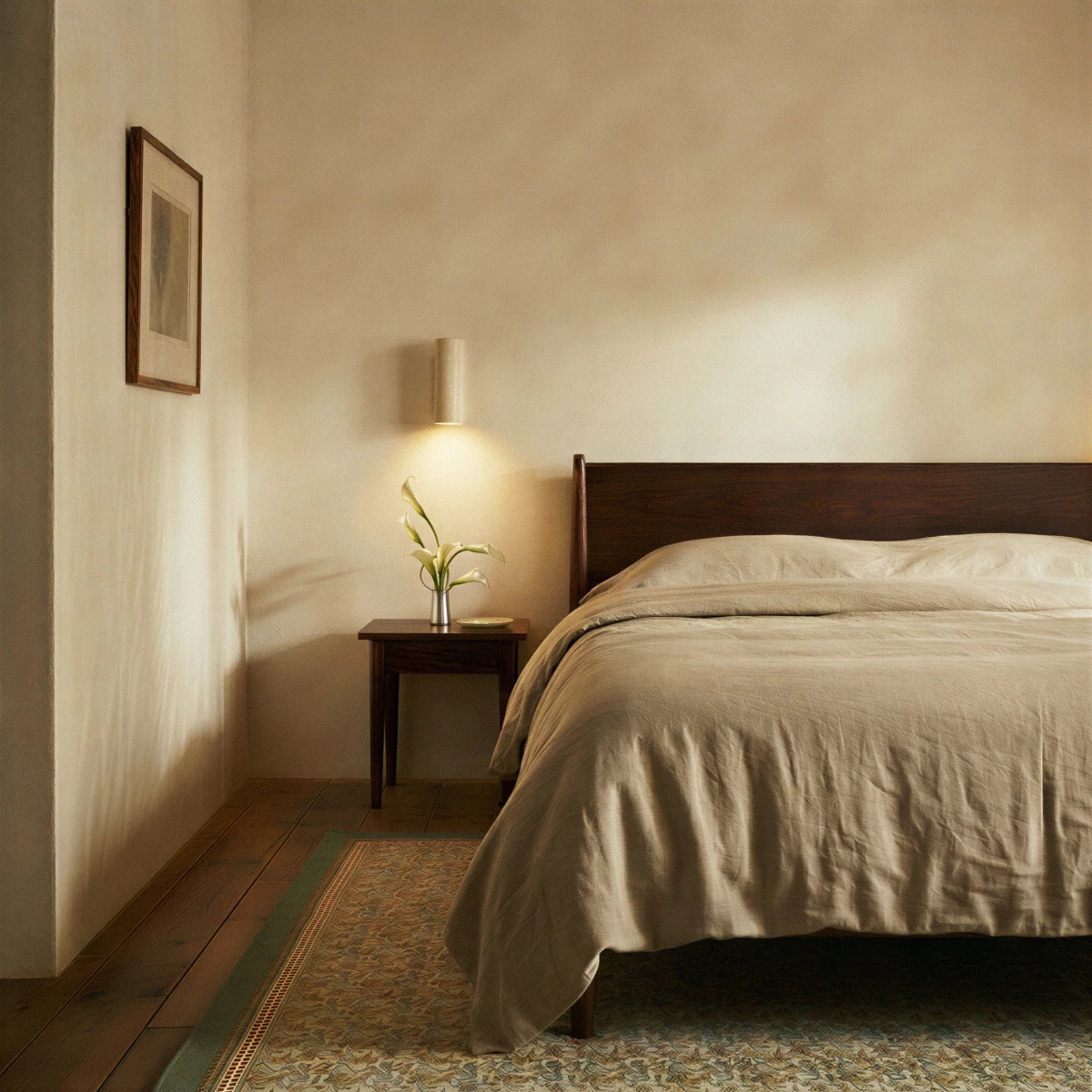 A Clérachic wall lamp lights a bedside corner above a dark wood nightstand with fresh flowers.