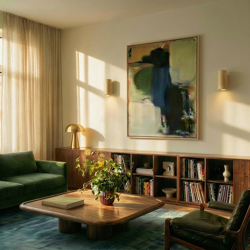 Two Clérachic wall lamps flank an abstract painting in a warm living room with green velvet seating.