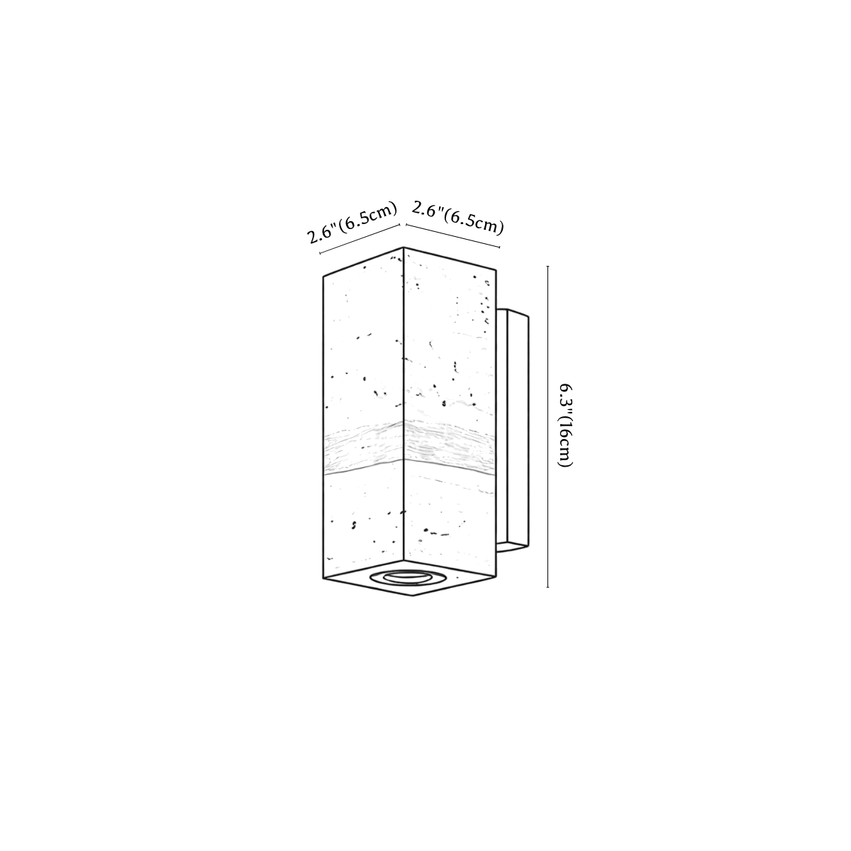 Clérachic wall light dimension drawing, 2, every measurement marked in centimetres and inches.