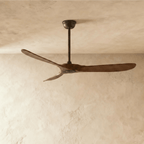 Clérachic three-blade ceiling fan with dark wood blades and a dark body on a downrod, hung against a limewashed studio ceiling