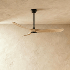 Clérachic three-blade ceiling fan with natural wood blades and a black downrod and canopy, photographed in the studio
