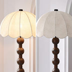 Two close views of the dome shade, one lit and one unlit, with the pleats, fine pattern and top of the ball stem; a Clérachic floor lamp.