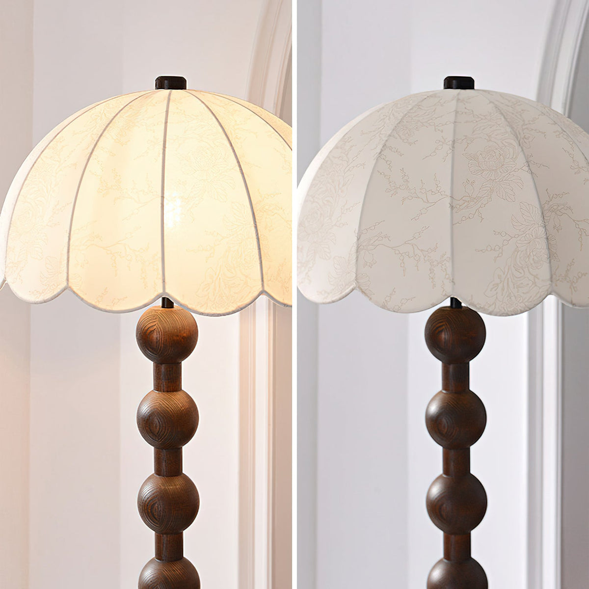 Two close views of the dome shade, one lit and one unlit, with the pleats, fine pattern and top of the ball stem; a Clérachic floor lamp.