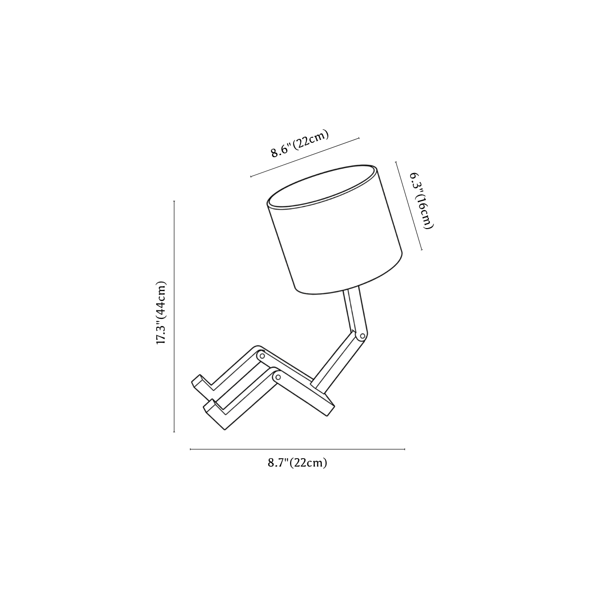 Clérachic table lamp dimension drawing, every measurement marked in centimetres and inches.
