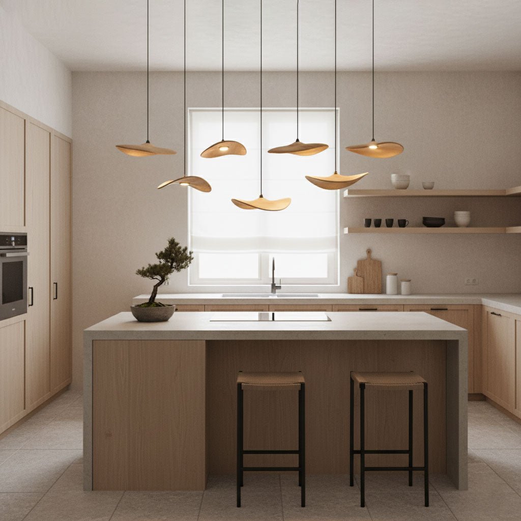 Clérachic leaf pendants hung at varied heights over a kitchen island, with a bonsai and a window behind them.