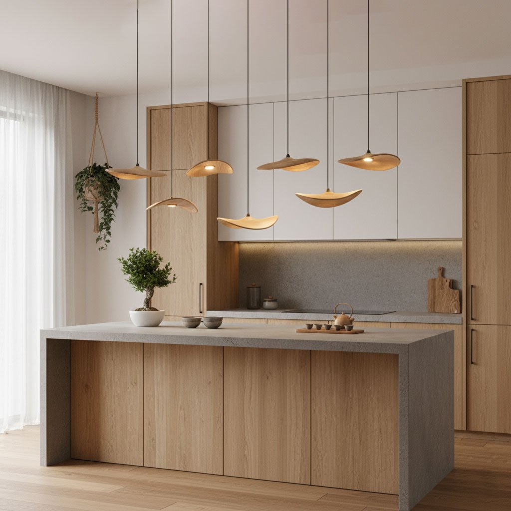 Leaf-shaped wooden pendants from Clérachic lit over a pale kitchen island with oak fronts and a hanging plant.