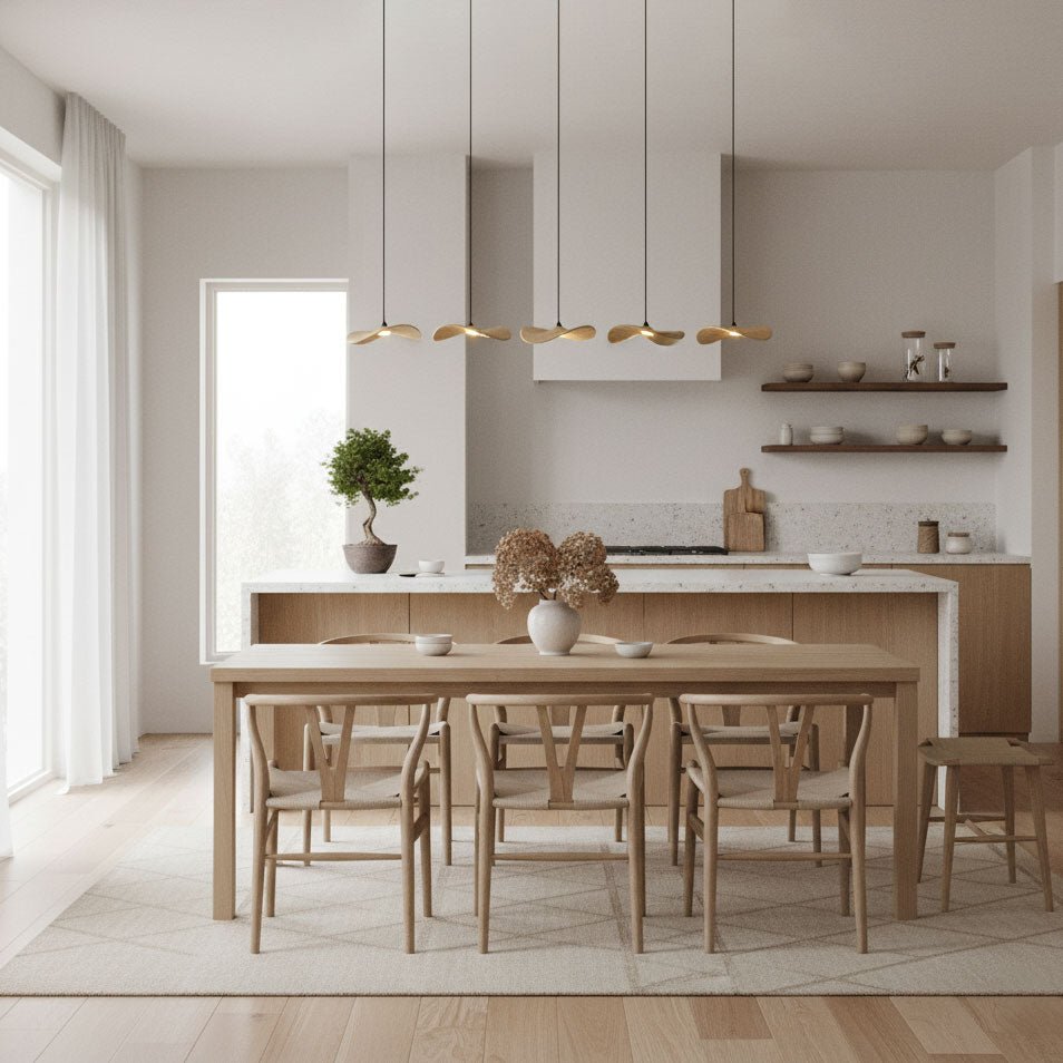 Row of small Clérachic wooden leaf pendants over a long oak dining table in a bright, sheer-curtained kitchen.
