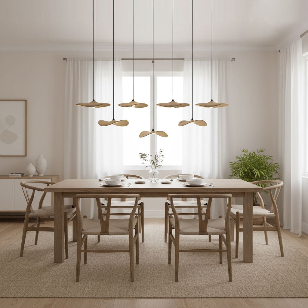 Clérachic wooden leaf pendants in two staggered rows above a dining table with Wishbone-style chairs and sheer curtains.