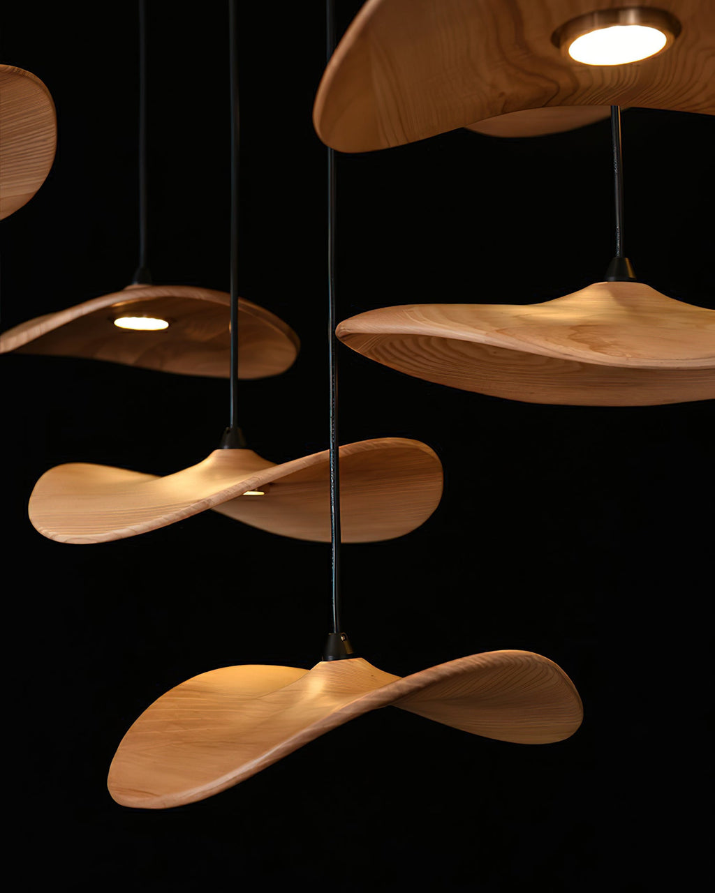Close-up of Clérachic leaf pendants in light wood with warm round lights beneath, against a black backdrop.