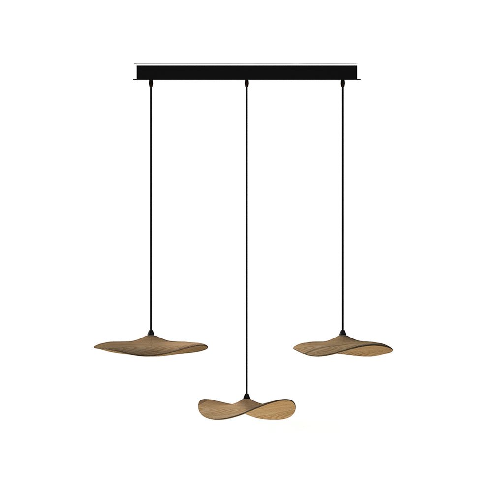 Three Clérachic leaf pendants in a straight row on a black bar canopy, in walnut colour, on a white background.