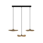 Three Clérachic leaf pendants in a straight row on a black bar canopy, in walnut colour, on a white background.