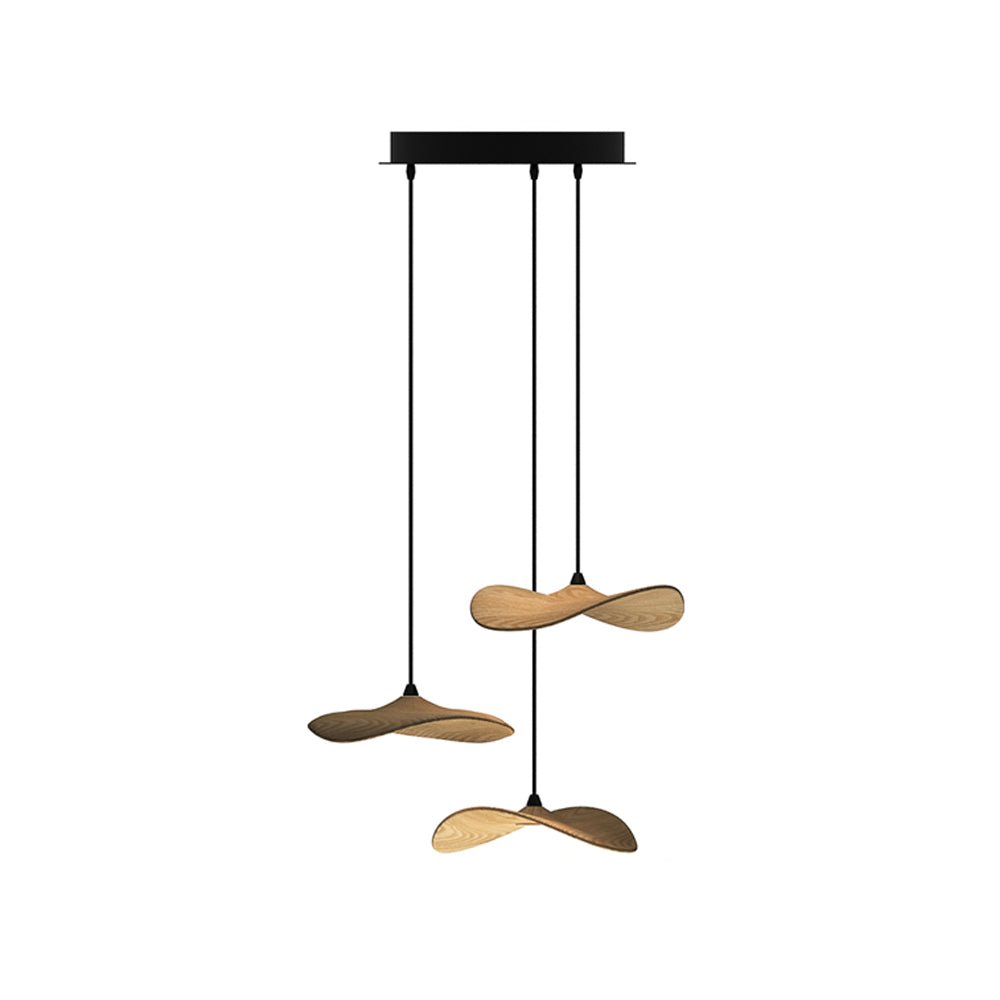 Three Clérachic leaf pendants in light wood hanging from a black canopy at different heights, on white.