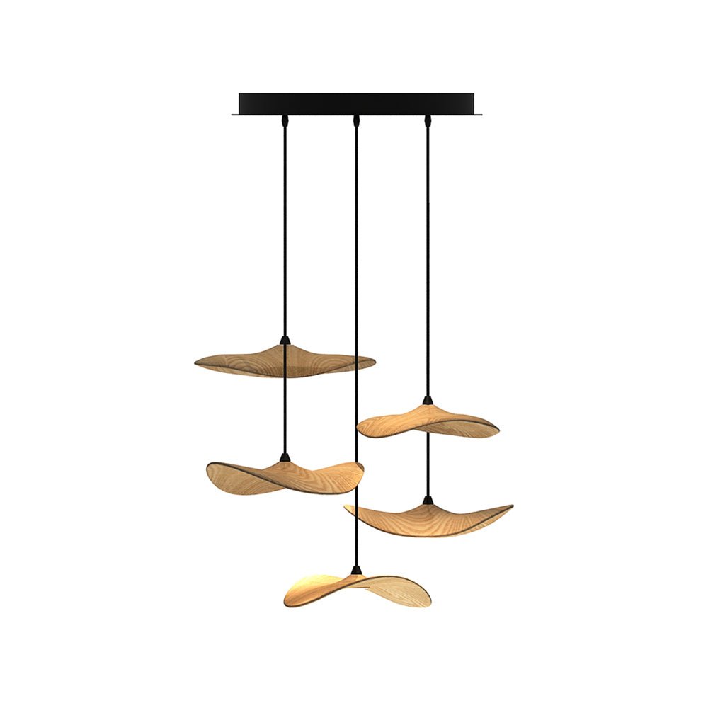 Six light wood Clérachic leaf pendants hung at varied heights from a small black canopy, on white.