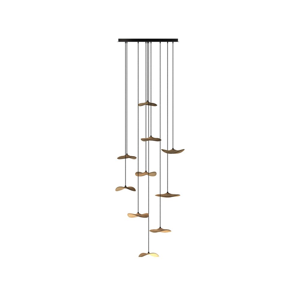 Tall slim cluster of light wood Clérachic leaf pendants descending in a narrow column, on a white background.