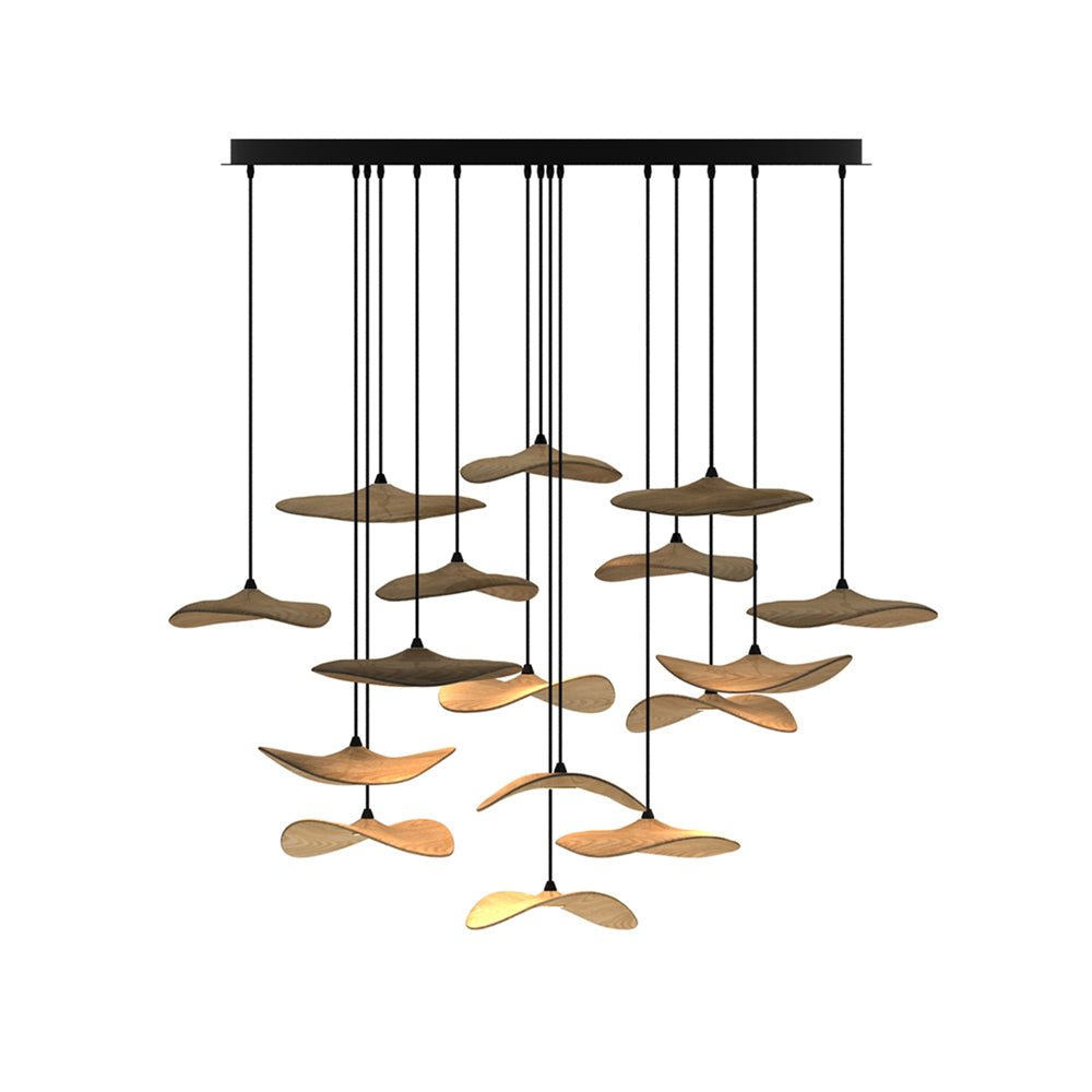 Wide cluster of Clérachic leaf pendants in mixed wood tones, hung at many levels from a long black canopy.